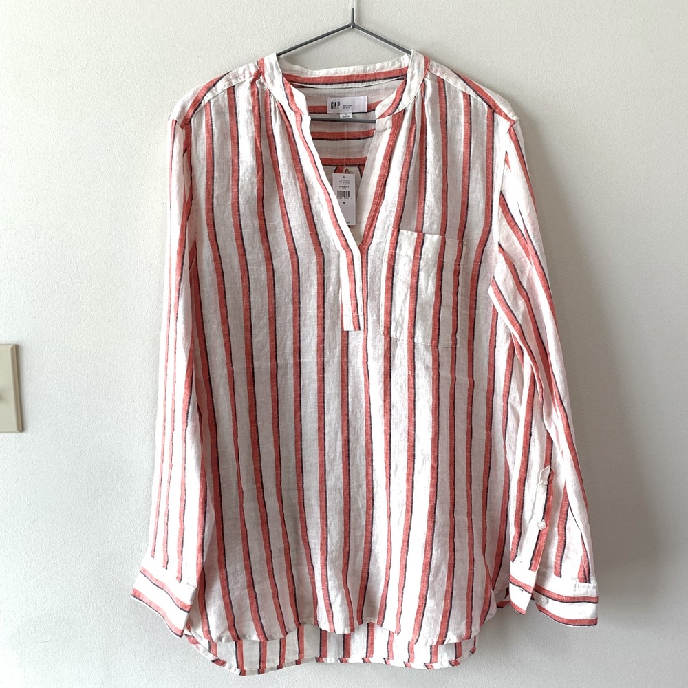 Gap linen blouse white with red and grey stripes size medium